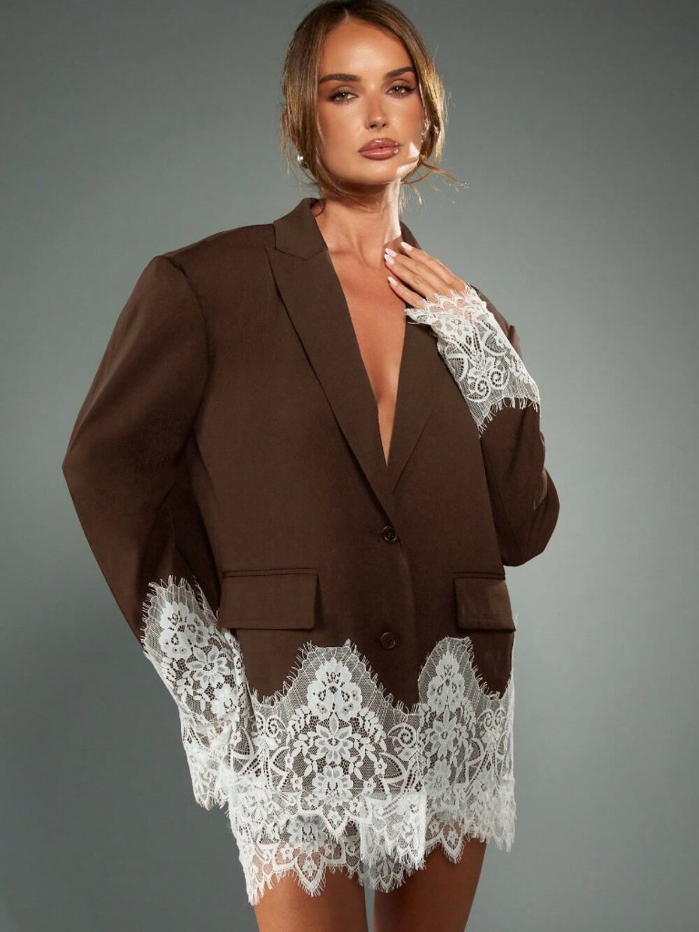 Womans Brown Elegant Women's Boxy Fit Blazer with Lace Trim